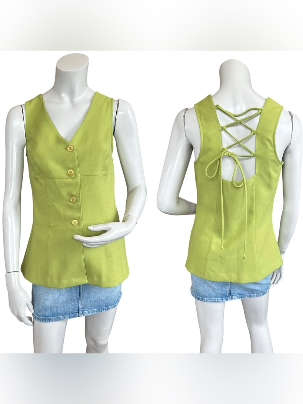 NWT Vintage Lime Chartreuse Green Lace Up Back Button Down Vest Top Size 5/6